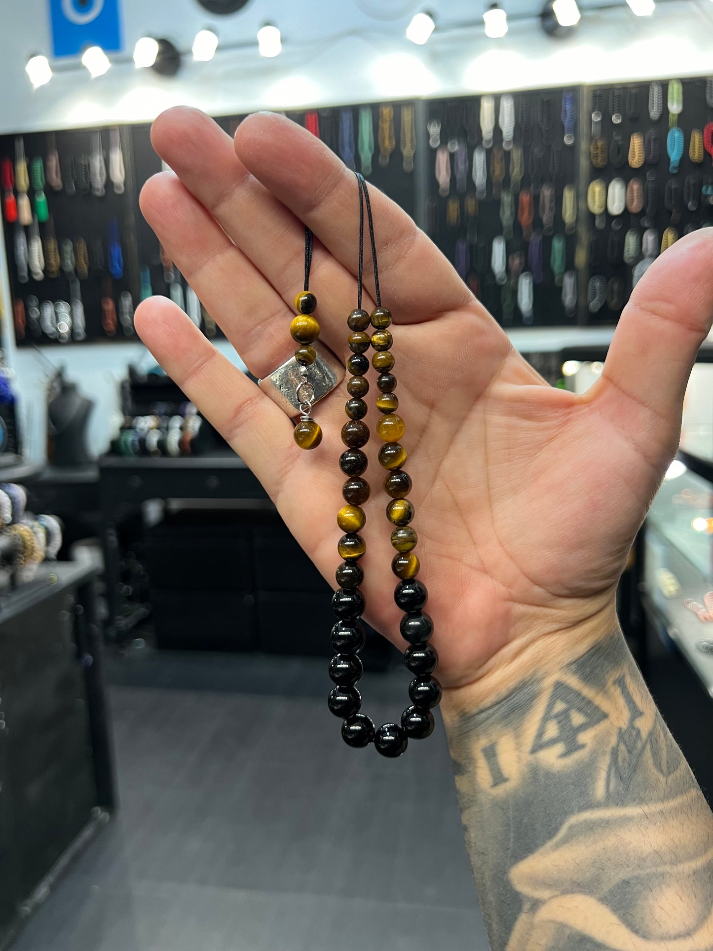 Onyx & Tigers Eye Cascading 33 Bead Komboloi