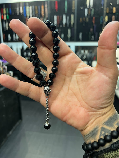 Obsidian Worry Beads with Stainless Steel Skull