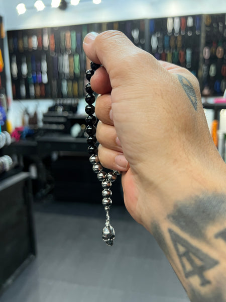 Onyx & Stainless Steel Worry Beads with Stainless Steel Skull