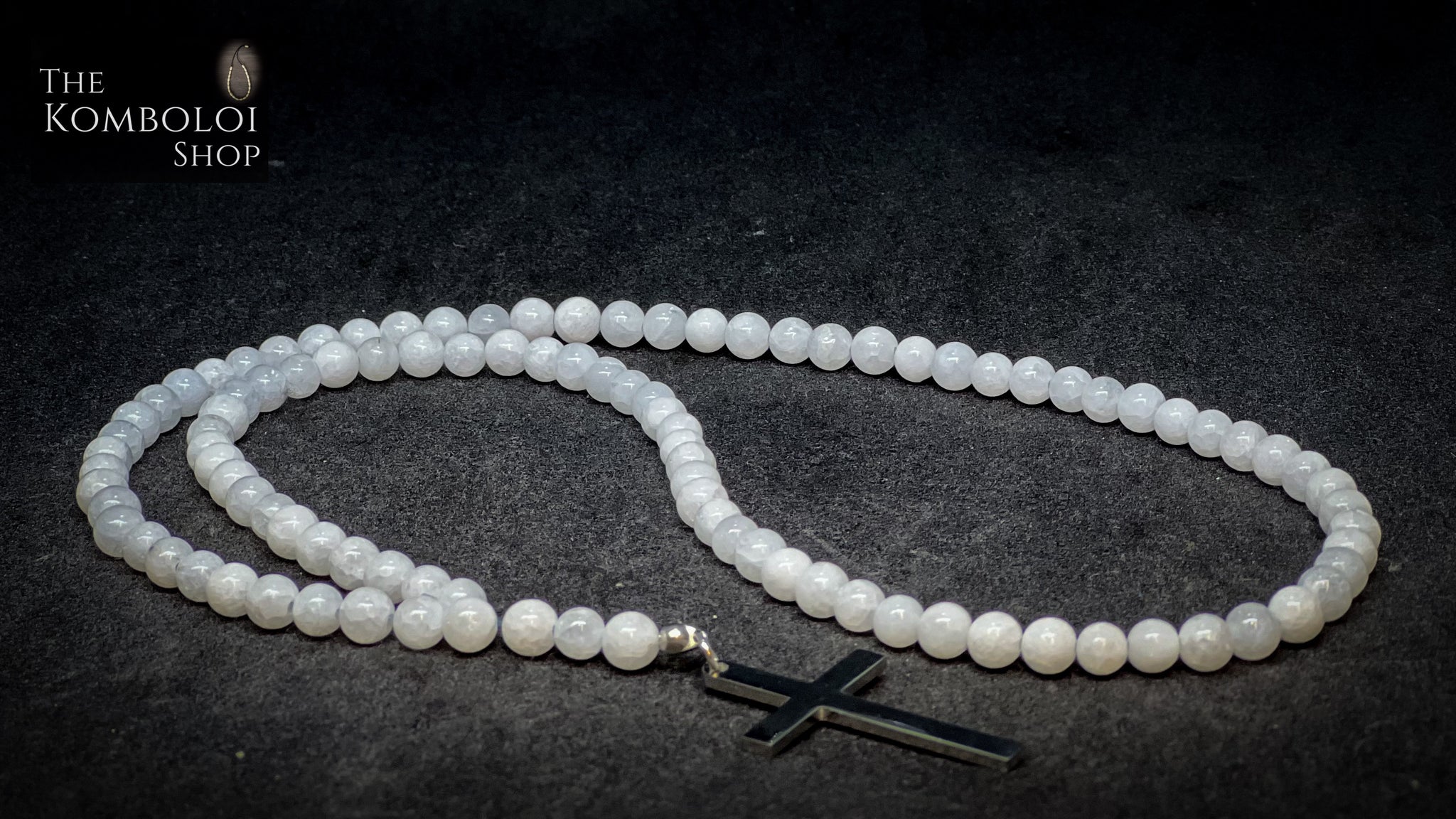 White Jade 100 Bead Orthodox Prayer Beads with Stainless Steel Cross