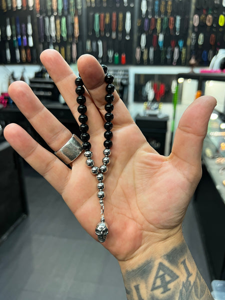 Onyx & Stainless Steel Worry Beads with Stainless Steel Skull