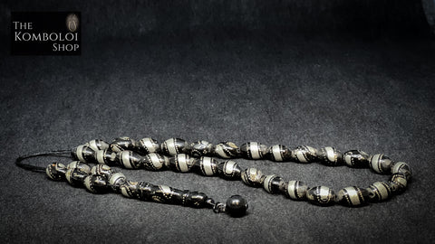 Yusuri 33 Bead Komboloi (Black Coral with Silver Inlay)