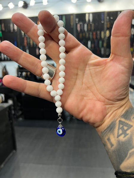 White Jade Worry Beads with Evil Eye
