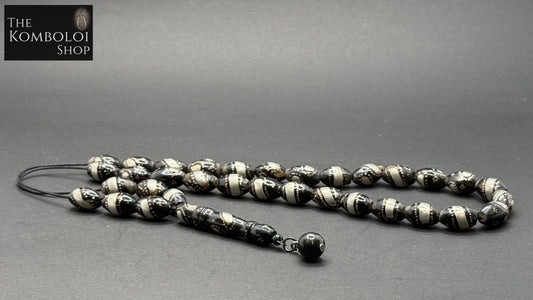 Yusuri 33 Bead Komboloi (Black Coral with Silver Inlay)