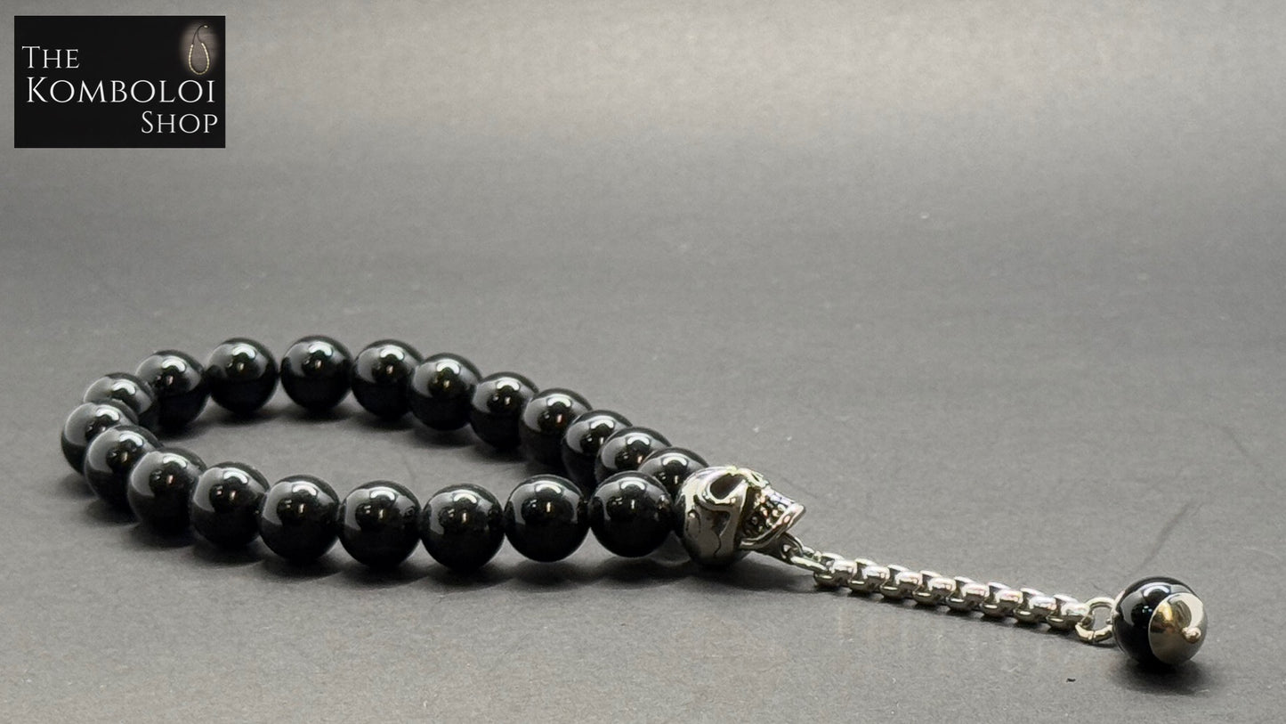 Obsidian Worry Beads with Stainless Steel Skull